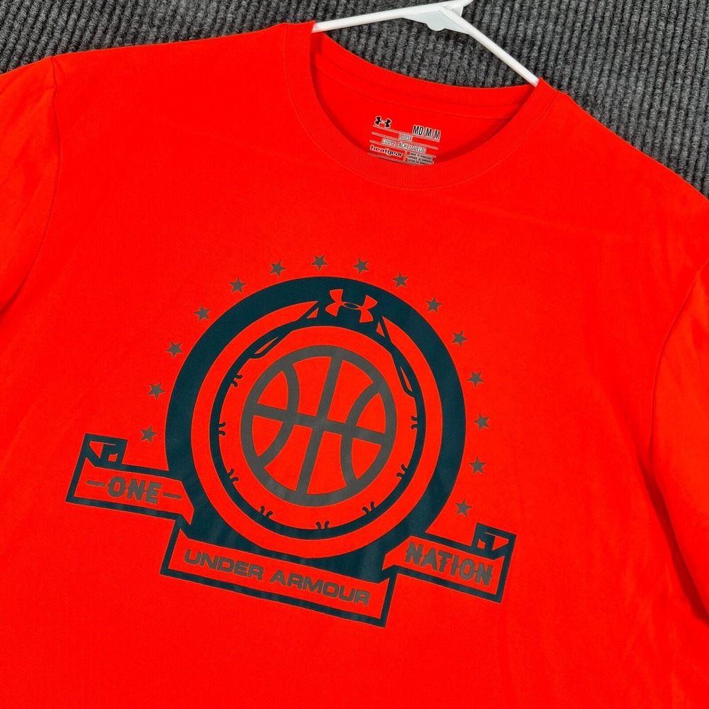 Under Armour Shirt Mens Medium Orange Short Sleeve Loose Heat Gear Basketball